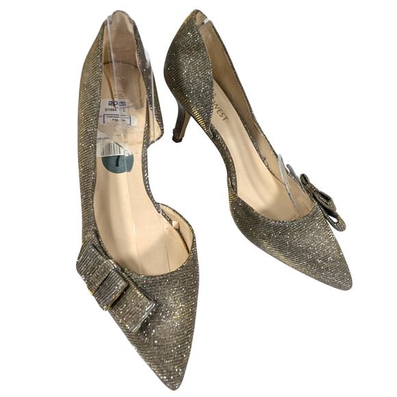 NWOT-1 SHOW! NINE WEST! SILVERY GOLD MESH NET W/BLACK UNDERTONE BOW HEELS! SZ 7M - Picture 1 of 11